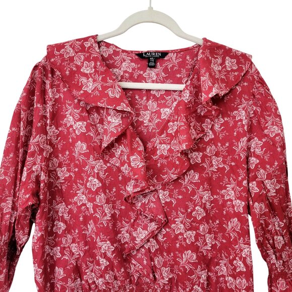 Lauren Ralph Lauren Womens XXL Red & White Floral Ruffle Blouse 3/4 Sleeves Ligh - Picture 5 of 6